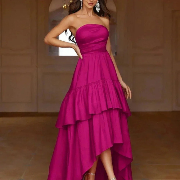 Hot Pink Party Women's Pleated Strapless Sleeve Evening Dress - Picture 5 of 7